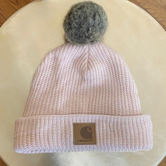 Carhartt Pink Knit Beanie with Gray Pom Leather Logo Excellent Condition! - Picture 1 of 9